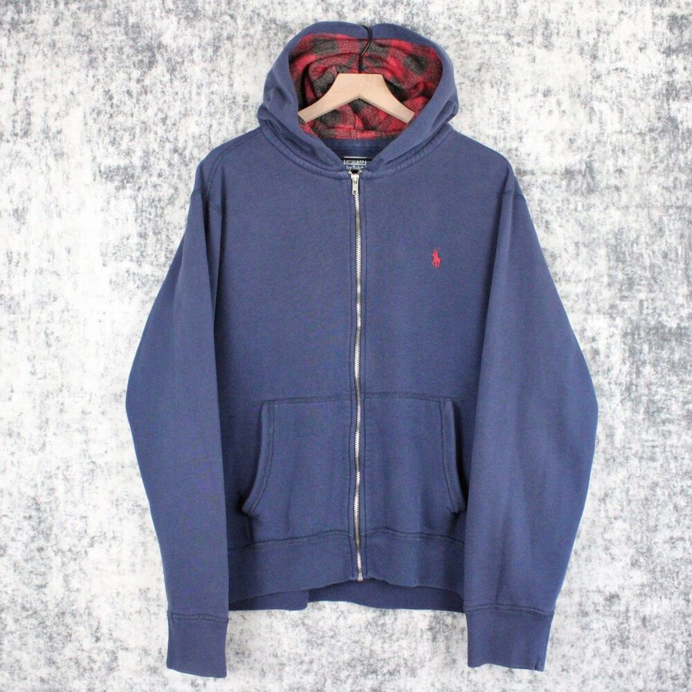 Vintage 90s Polo Ralph Lauren Mens XL Full Zip Flannel Plaid Lined Hoodie Blue
